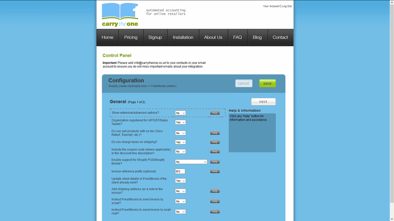 Page 1 of the Configuration Panel