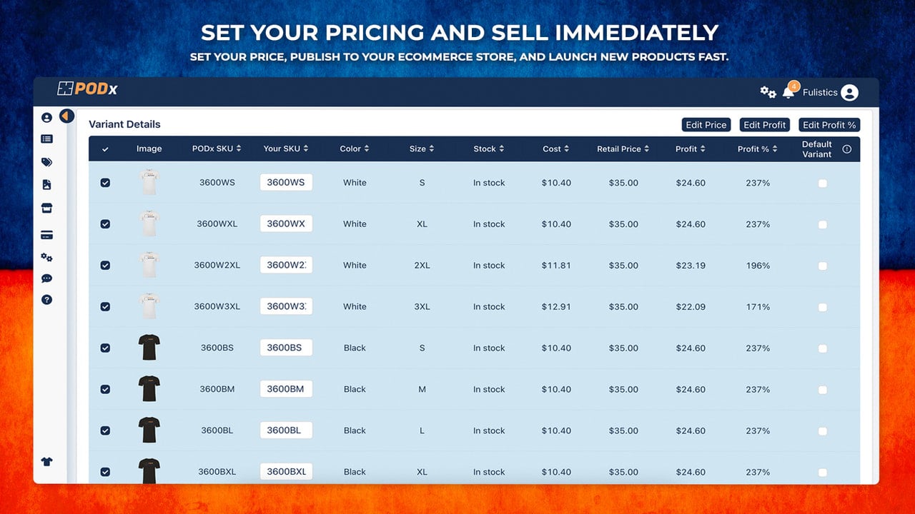 podx print on demand product variant pricing