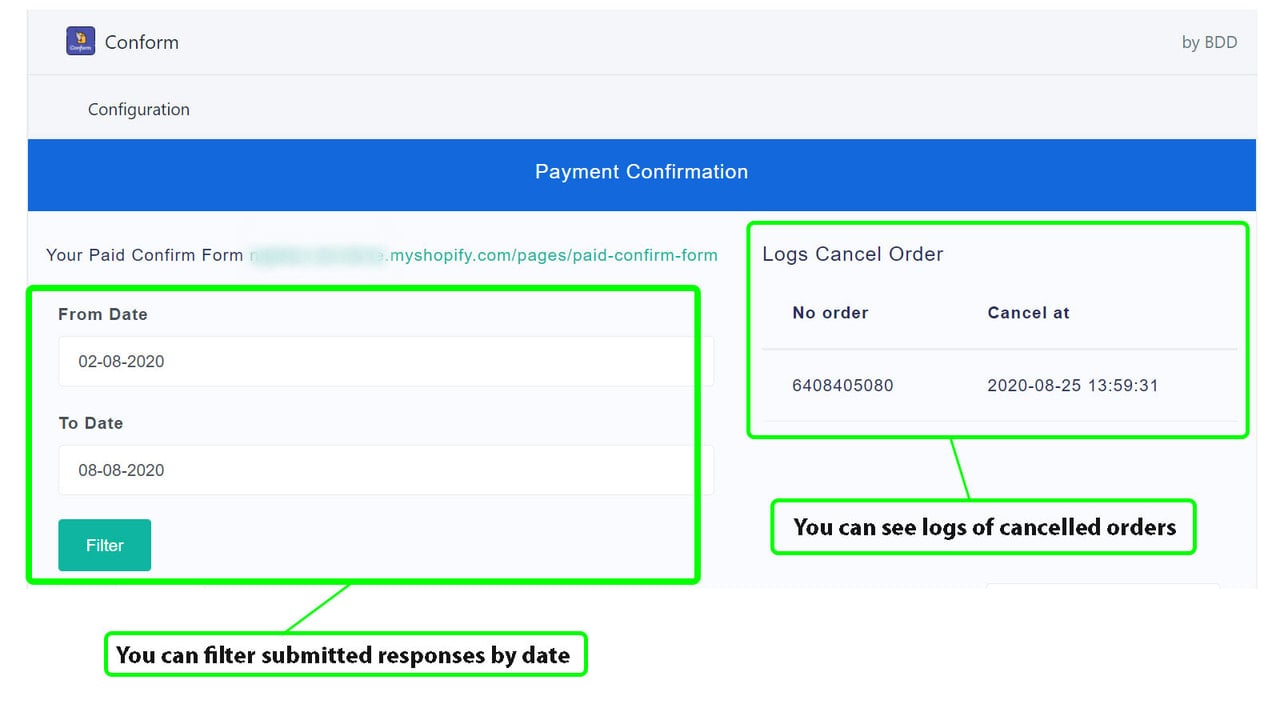 filter by date and logs for cancelled orders