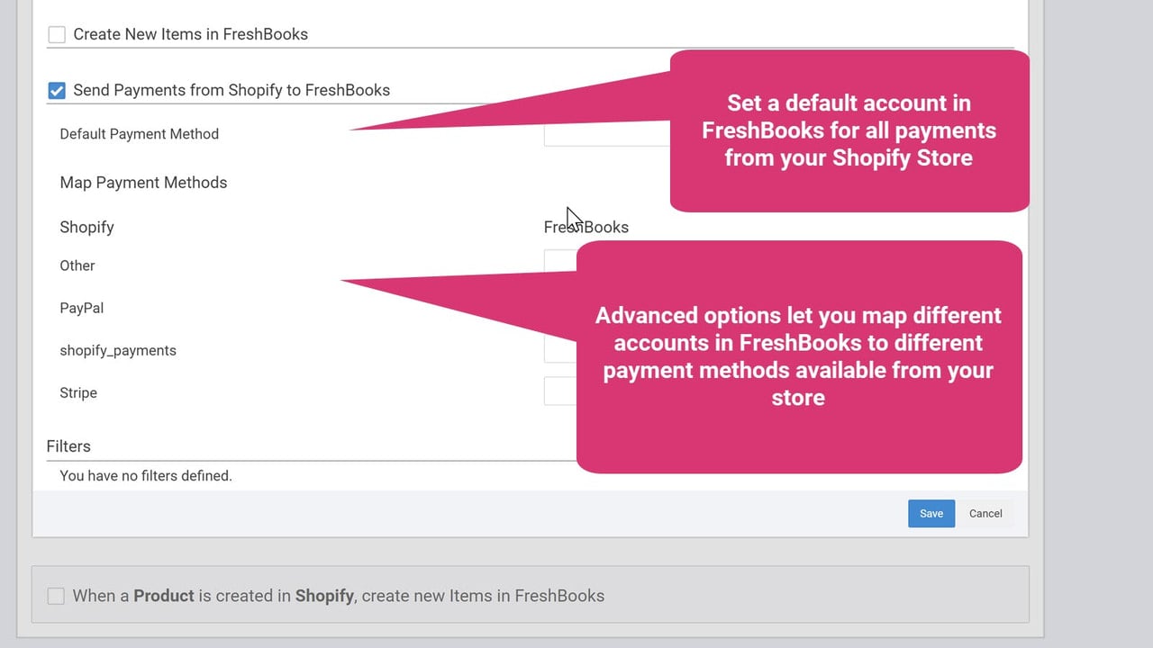 Map payment options to accounts in FreshBooks