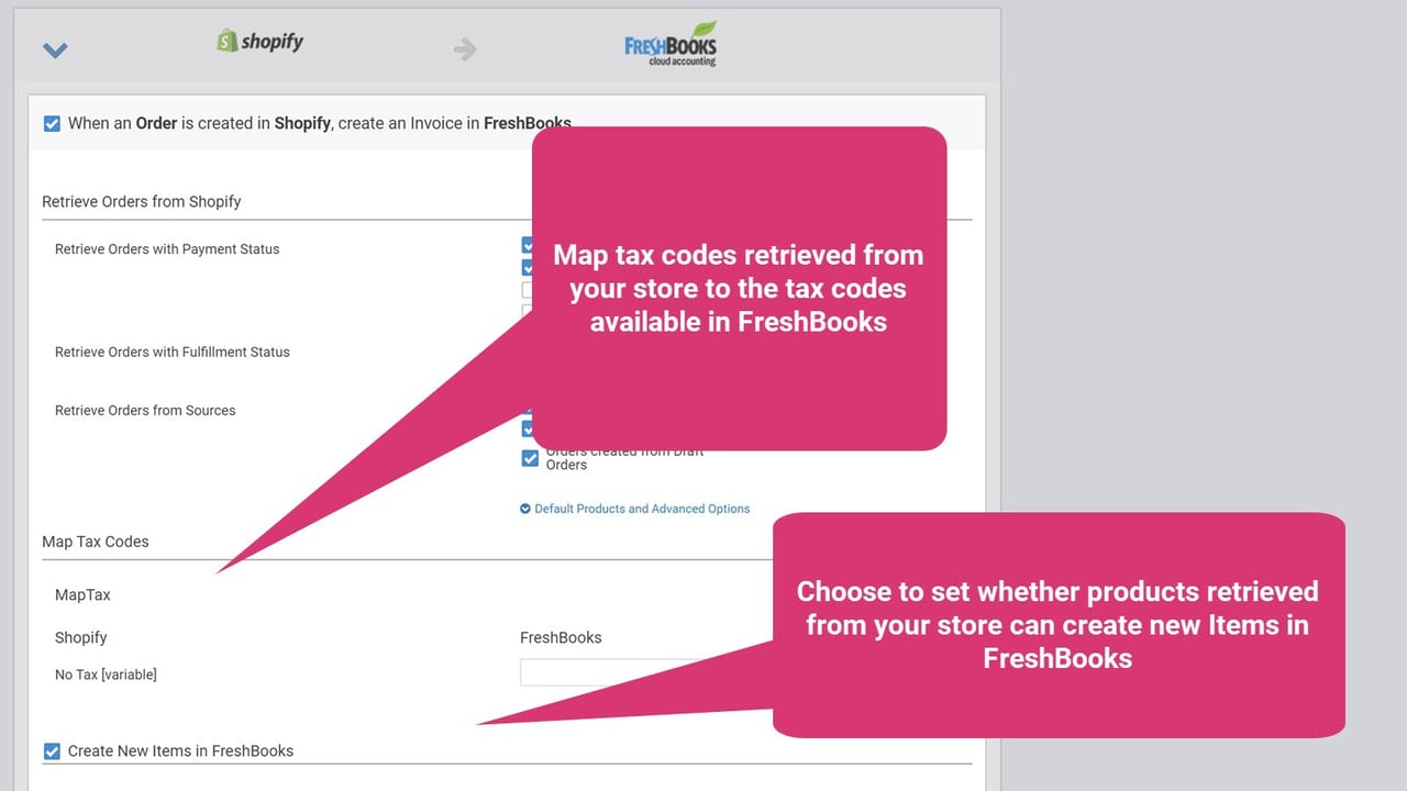 Map tax codes available in Shopify to tax codes in FreshBooks