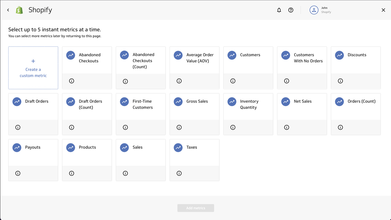 Shopify pre-defined instant metrics