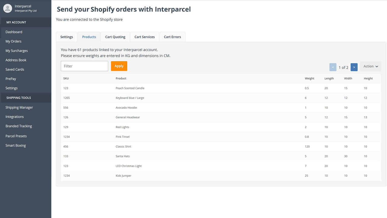 Product Listing with Option to Edit Product Measurements