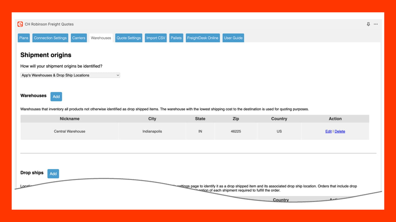 CH Robinson - FreightQuote for Shopify warehouse settings