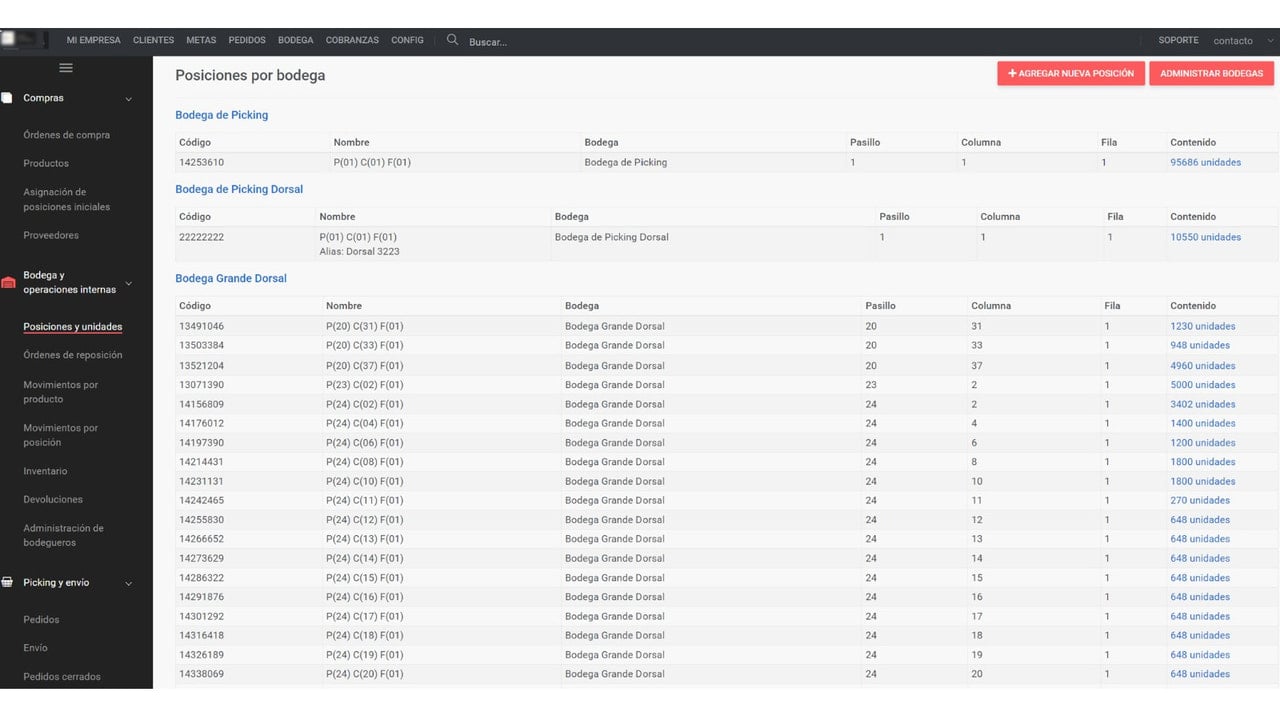 Gestión de bodega y posiciones