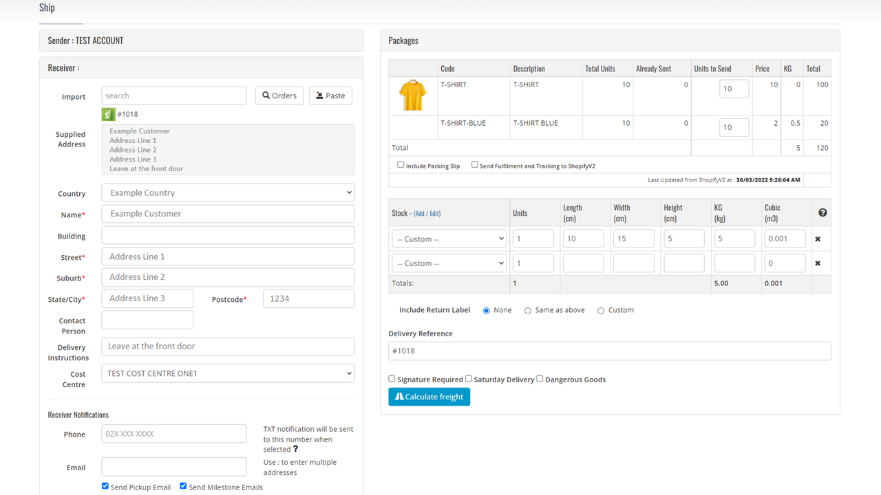 Shopify order details imported and ready for dispatch