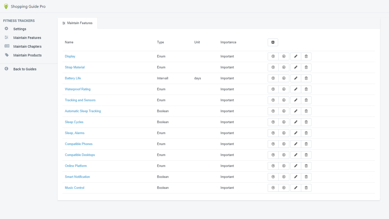 Product key features used in product finder.