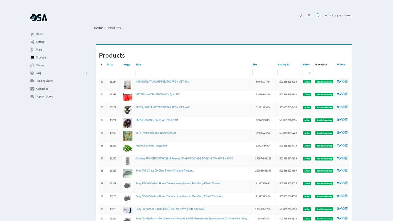 Products in DSA dashboard