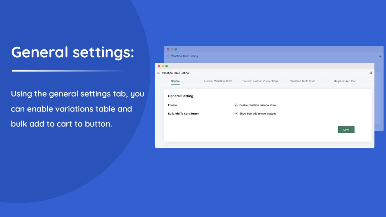 Variations table list general settings