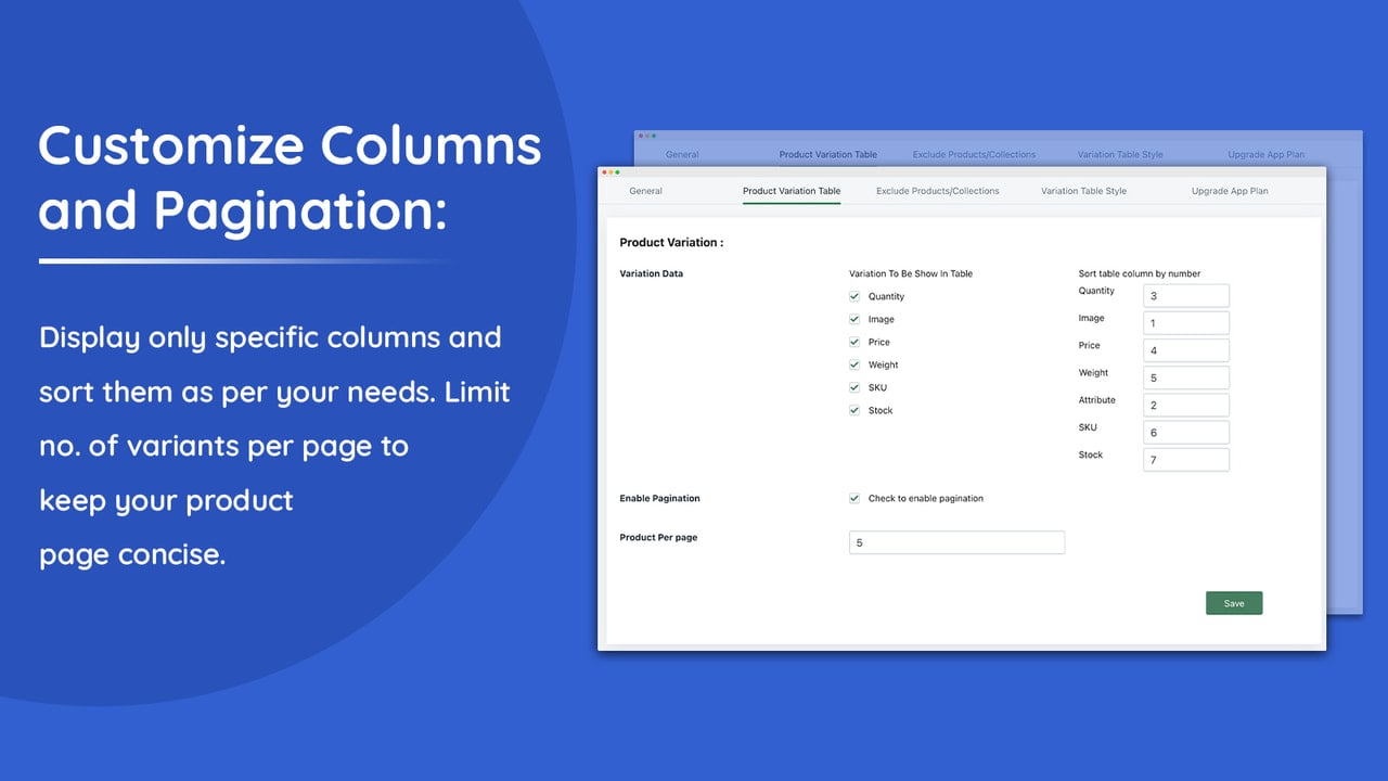 Customize variations table columns