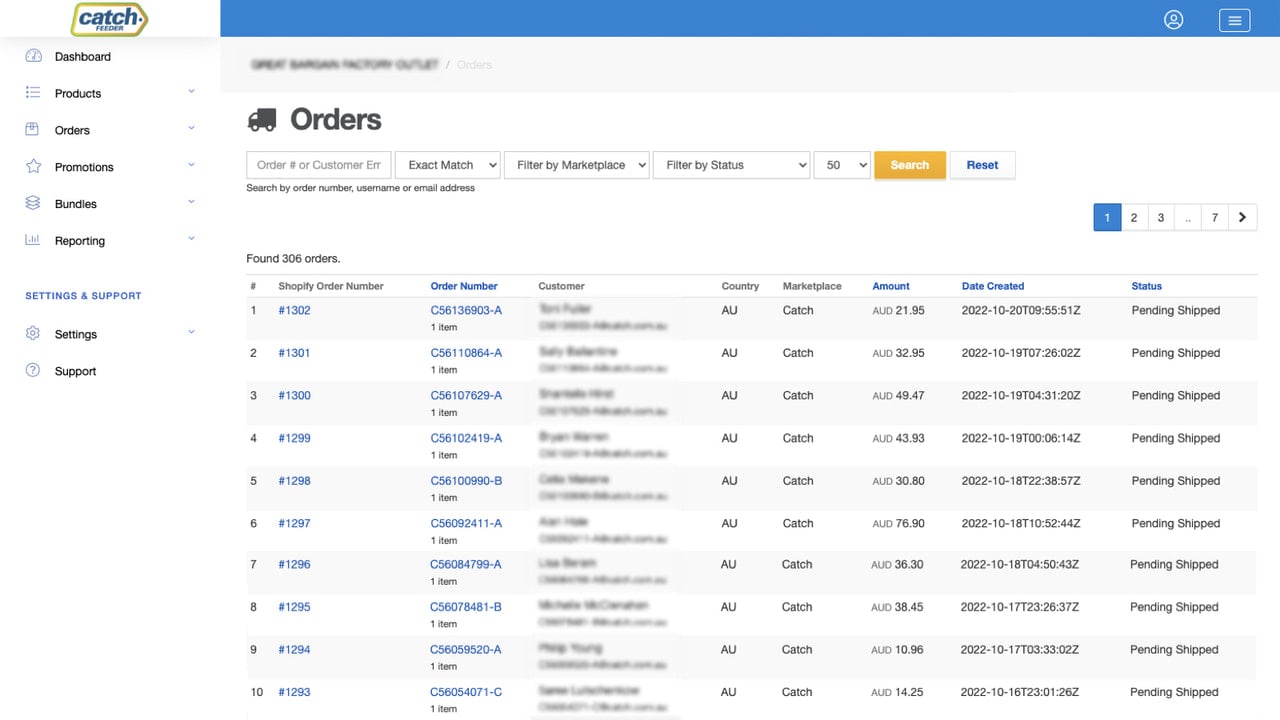 Orders sent to Shopify and tracking updated in catch
