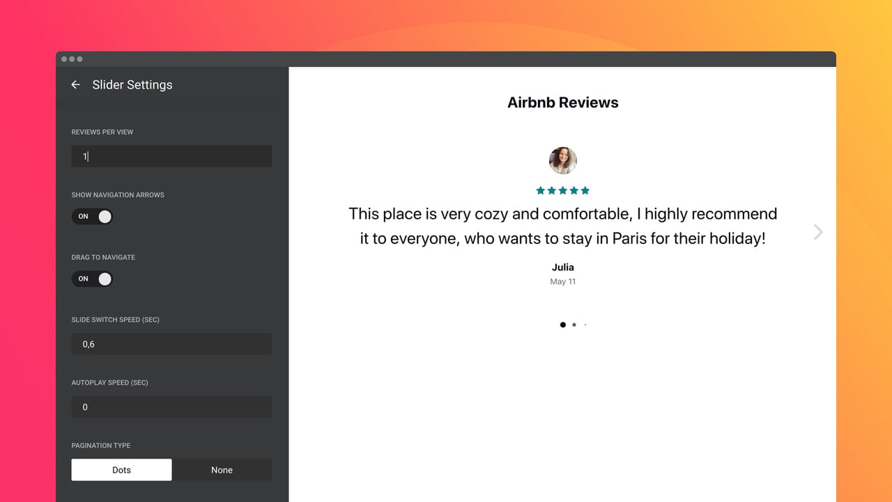 Review carousel features autoplay and navigation controls