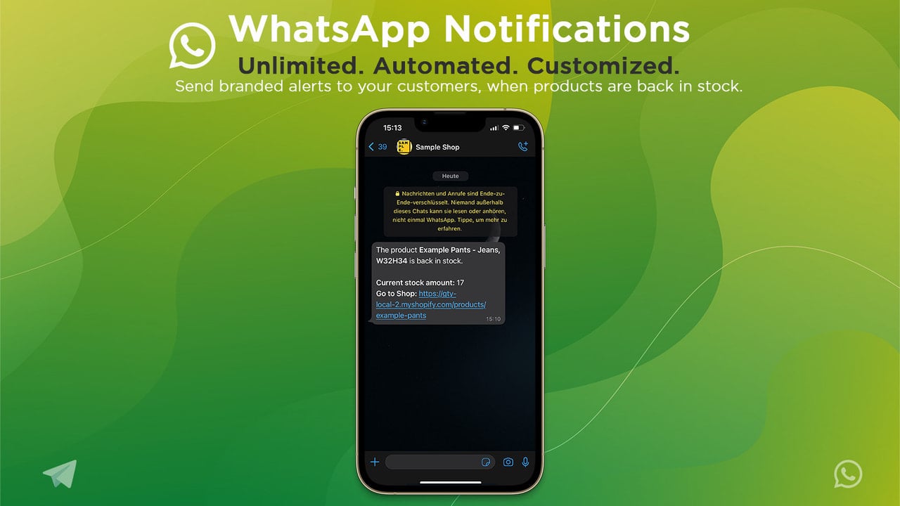 Example of an "back in stock" WhatsApp notification