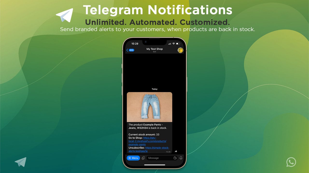 Example of an "back in stock" Telegram notification