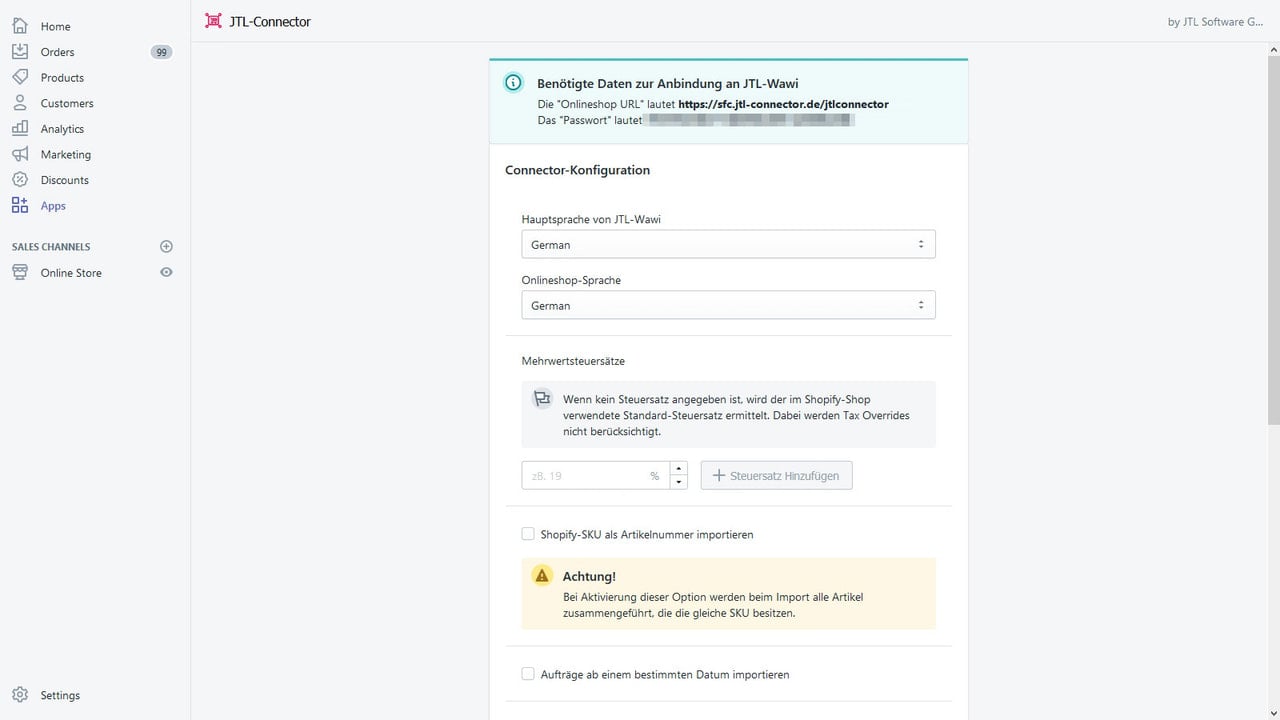 Einrichtung von JTL-Connector: Sprachen und SKUs