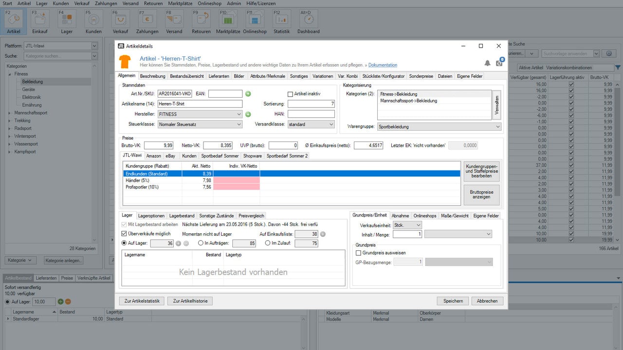 Artikelstammdaten in der Warenwirtschaft JTL-Wawi
