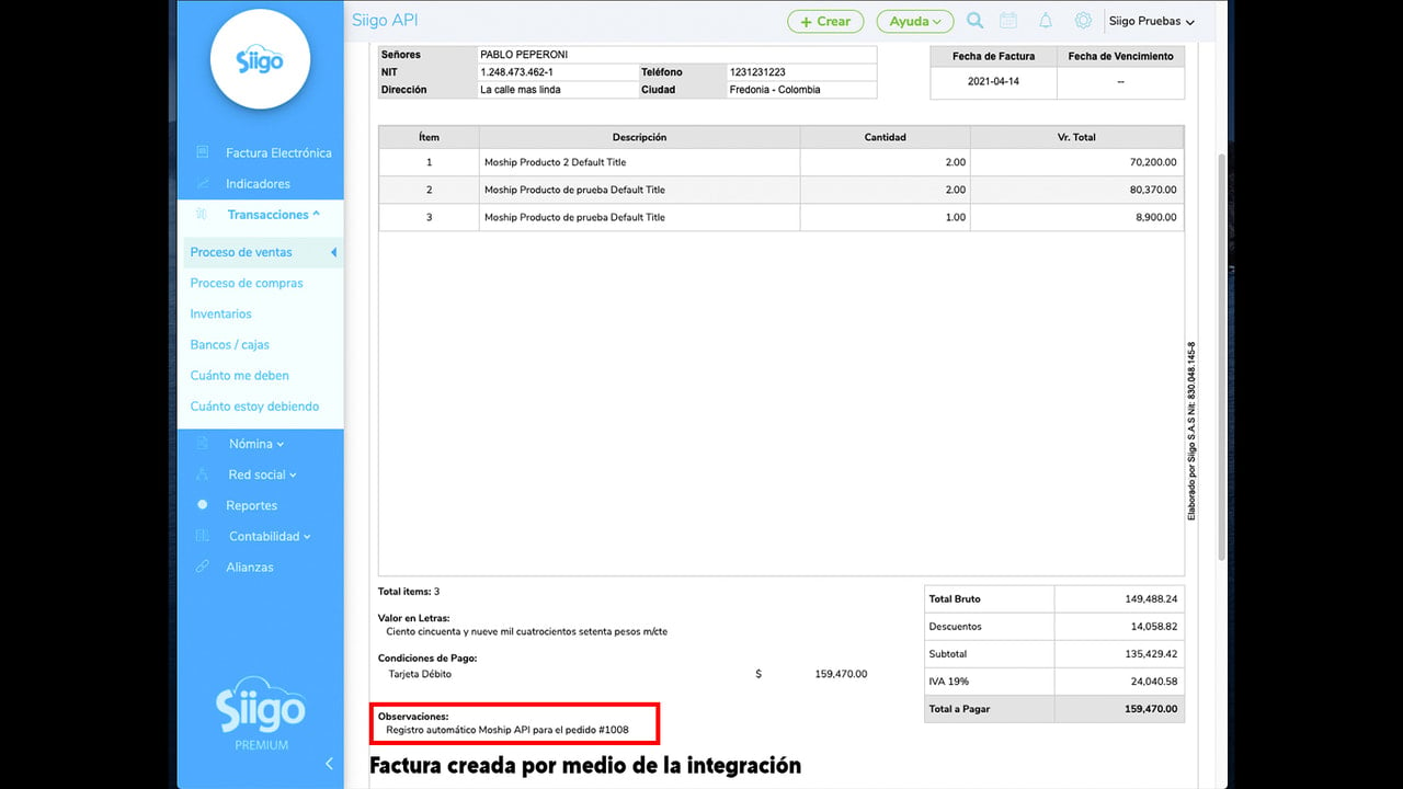 Factura creada usando la integración