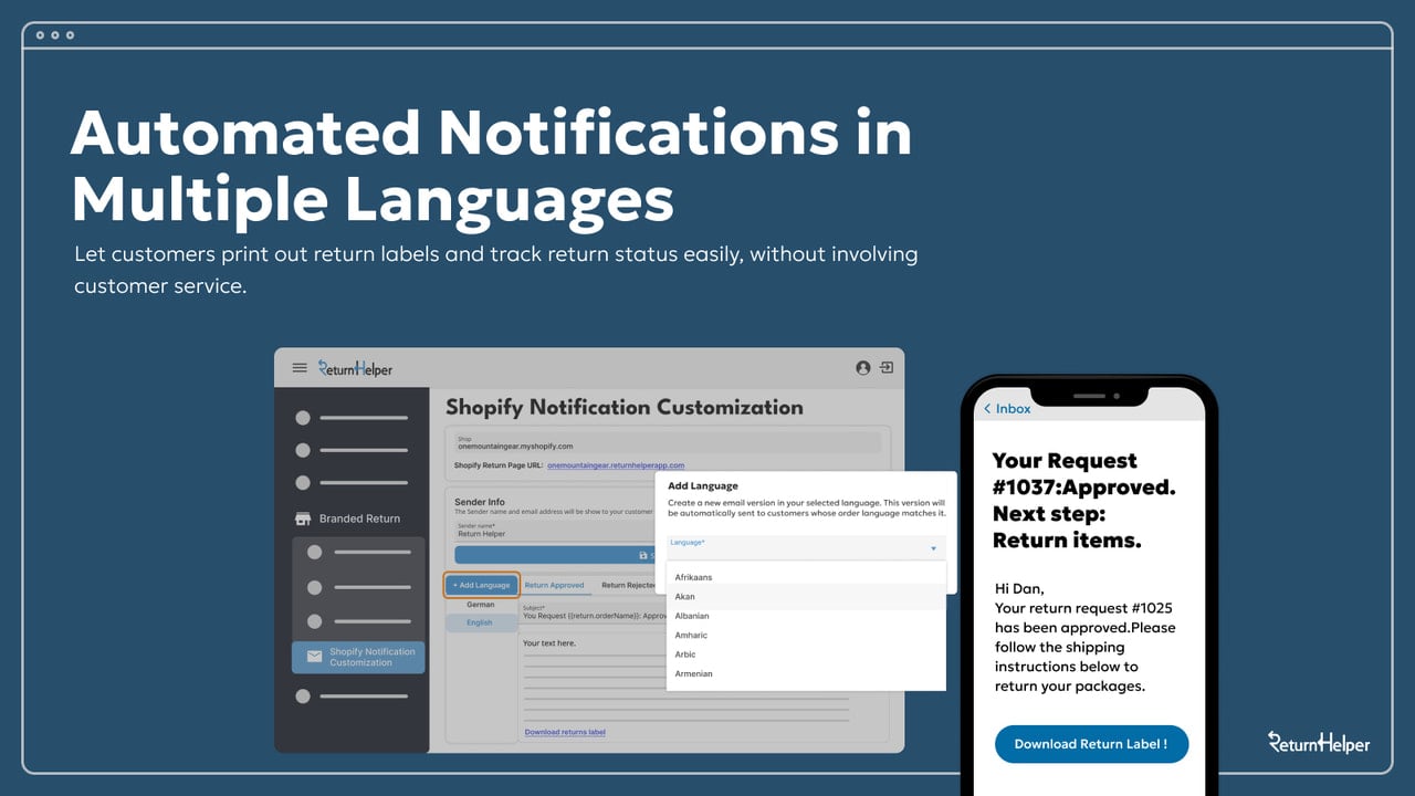 Shopify automated return notification in multiple language