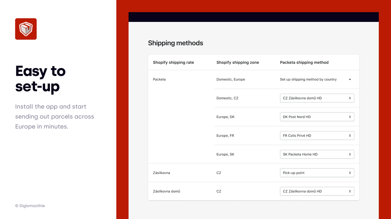 Shopify to Packeta integration settings