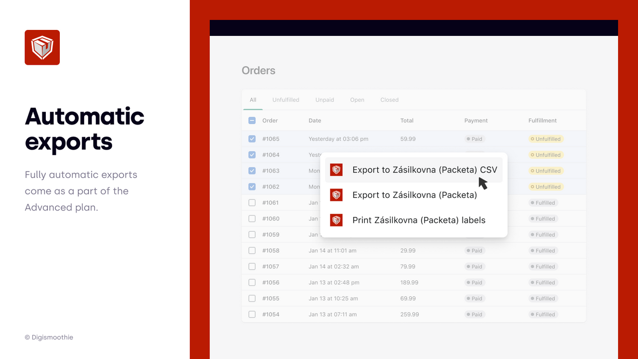 Fully automatic export and import from Shopify to Packeta