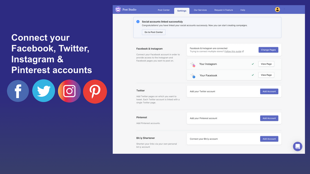 Connect Facebook, Twitter, Instagram & Pinterest