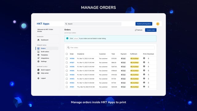 Manage orders in HKT Apps to print