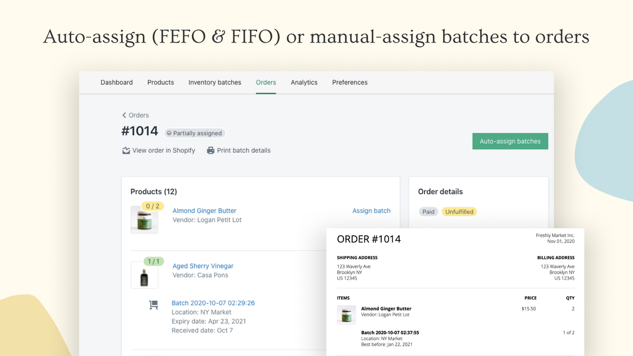 Auto-assign (FEFO & FIFO) or manual-assign batches to orders