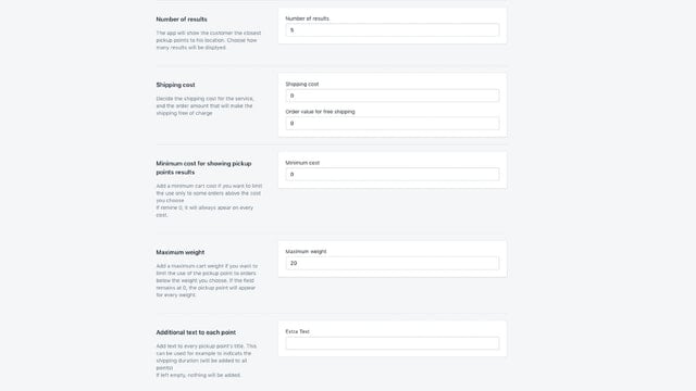 Pickup point app settings