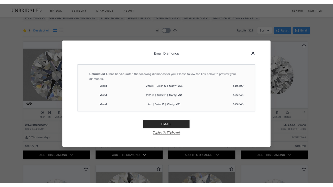 Easily email hand-curated selections of diamonds to your clients