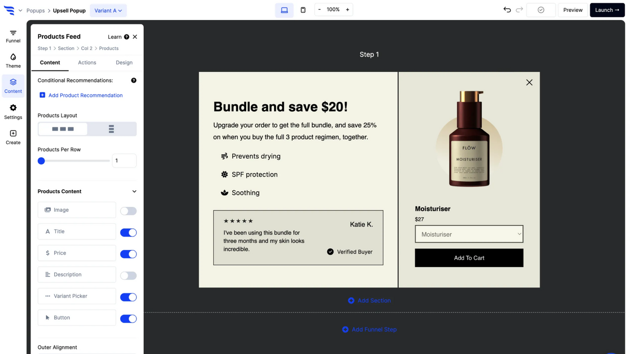 Upsell funnels to add multiple recommended products to cart