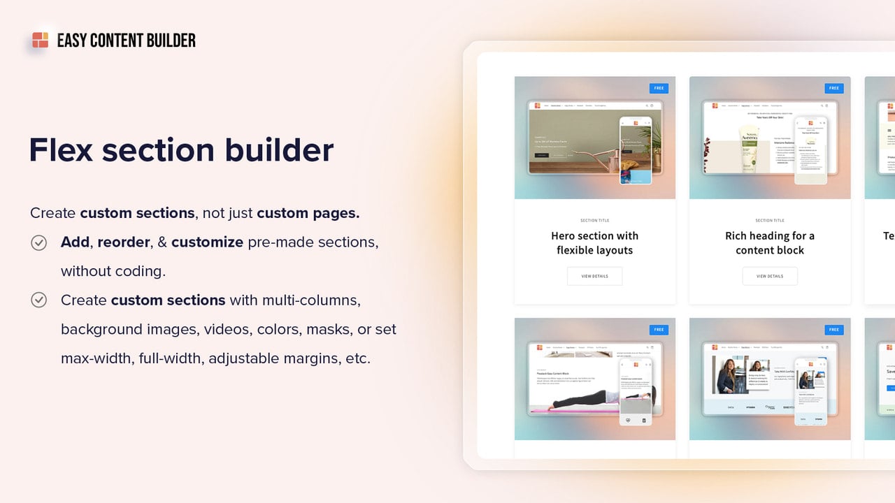 Flex section builder - easy to add, edit, reorder. Without Codin