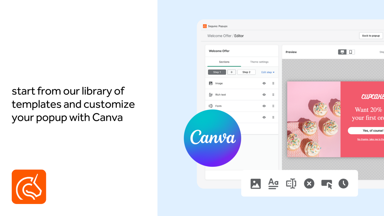 Design beautiful pop ups with templates and Canva in our editor.