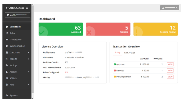 FraudLabs Pro Fraud Prevention Dashboard