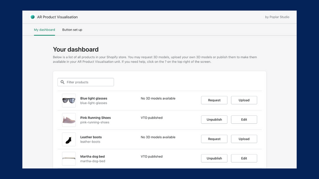 The dashboard, where 3D models can be requested and published