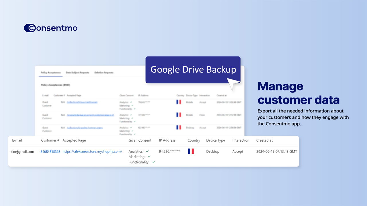 Consentmo dashboard with Google Drive backup for data management