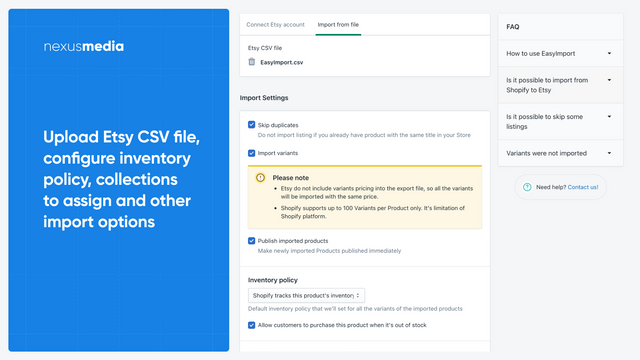 Upload Etsy CSV file and configure your import