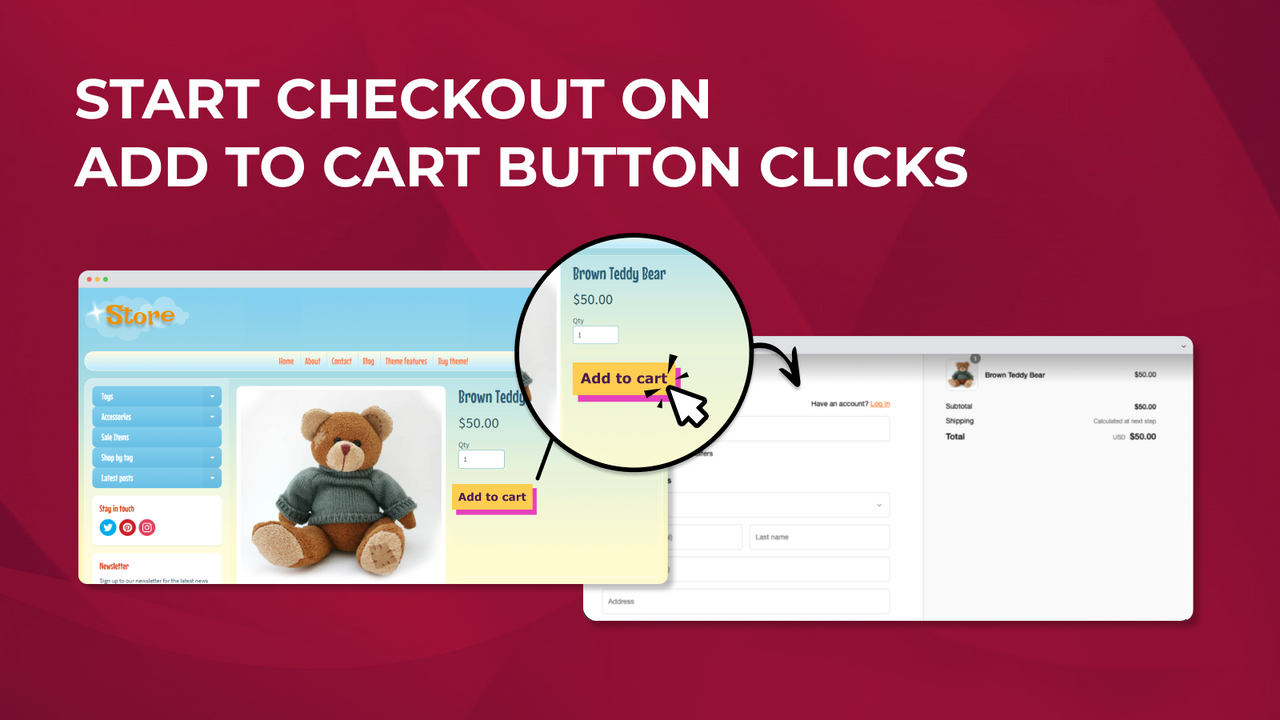 The app in action: The checkout starts after add to cart clicks