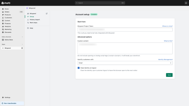 Mixpanel Integration Setup Screen