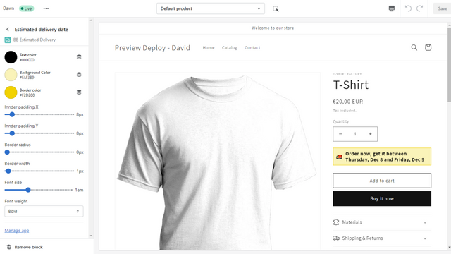 BB Estimated Delivery Widget inside the Shopify Theme Editor