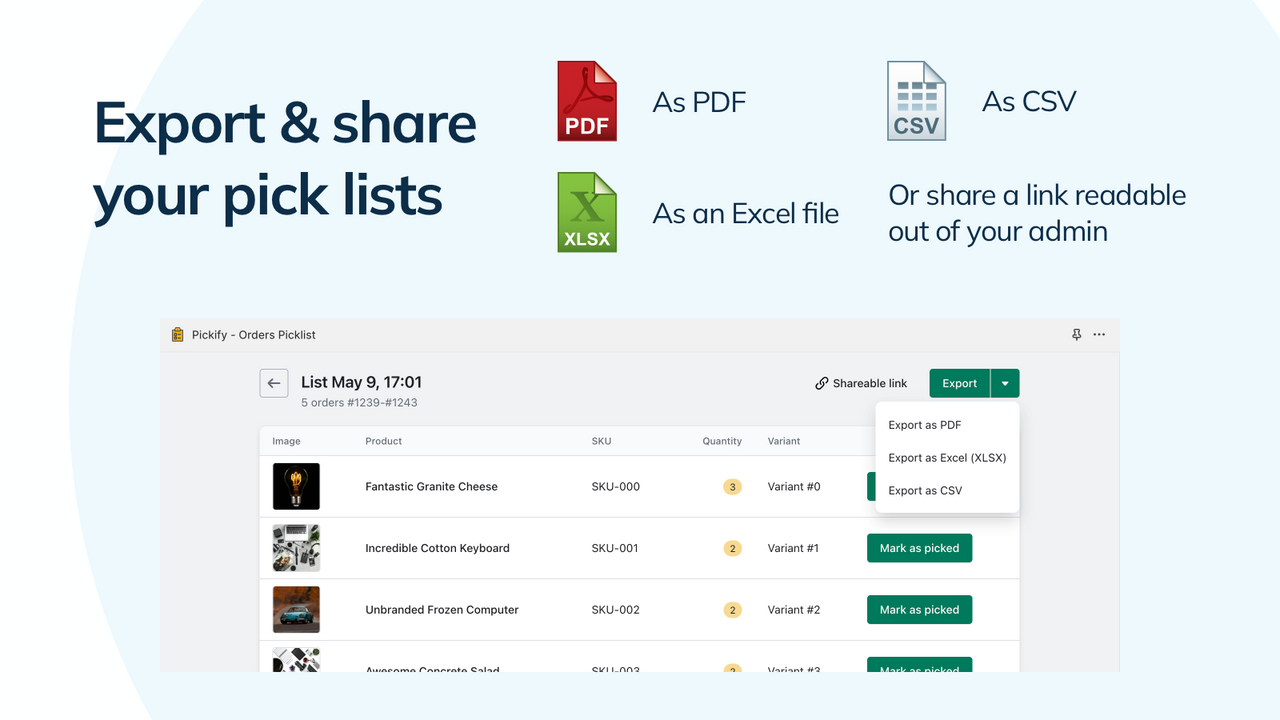 Export and share a pick list to fulfil orders