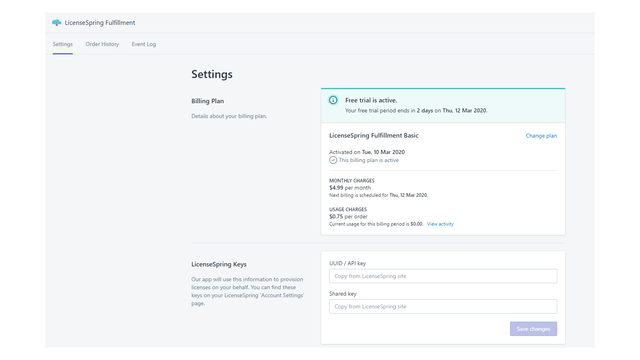 Enter LicenseSpring Keys and manage your billing plan