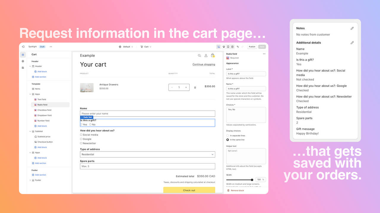 Required: Cart page fields
