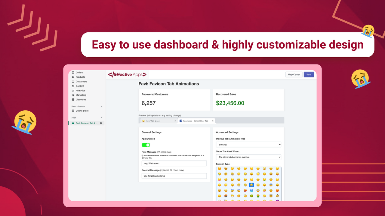 The dashboard of the app with sales and recovered cart stats