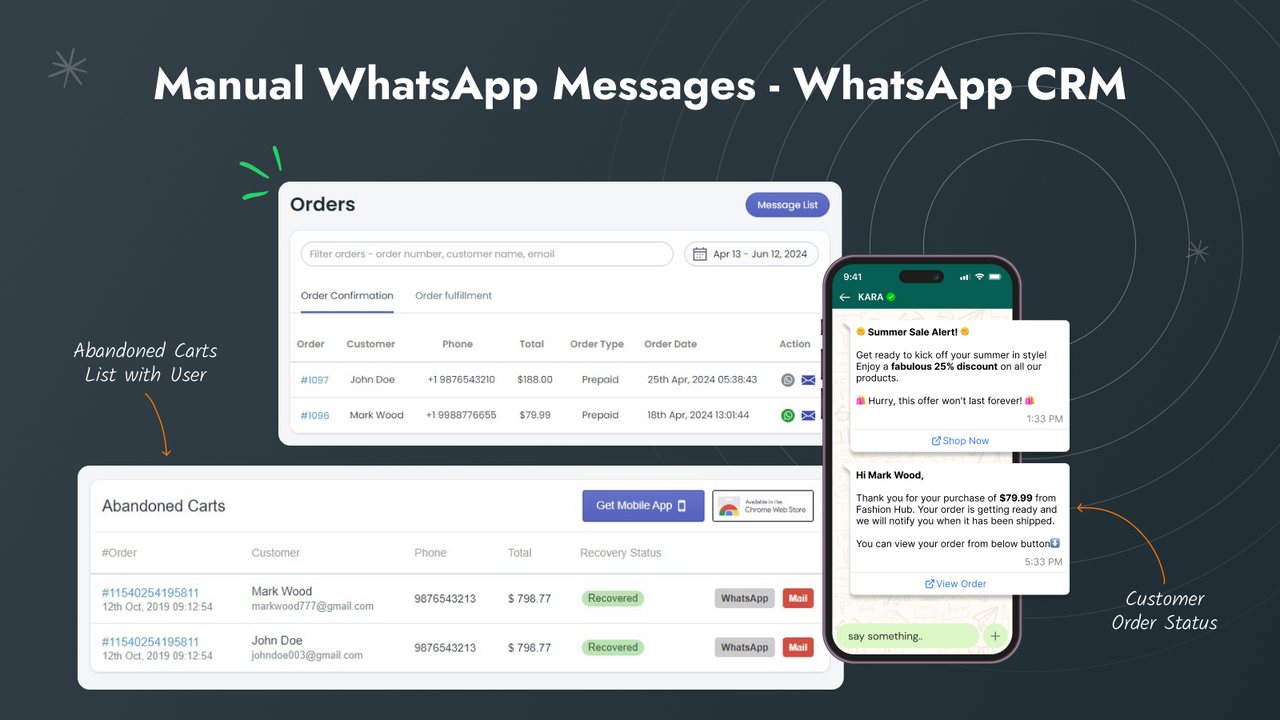 manual whatsapp messages to recovery abandoned checkouts & order