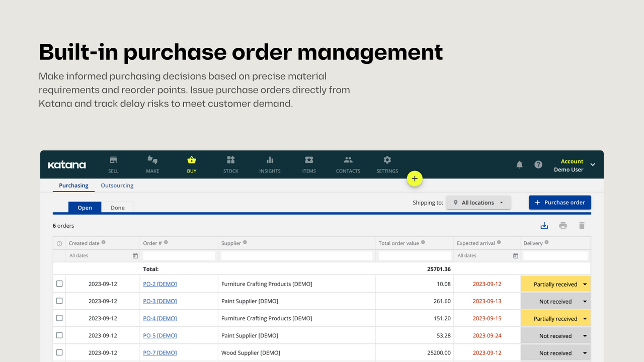 Purchase order management with reorder points and materials