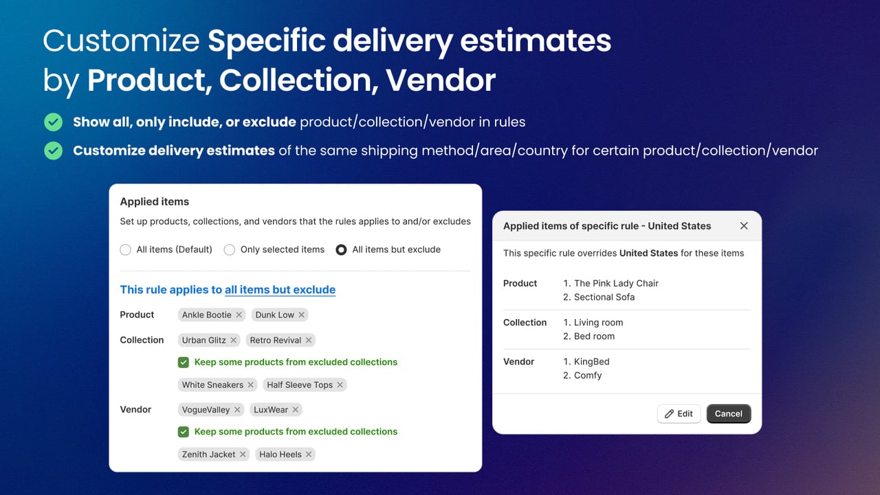 Custom estimated delivery by product, collection, vendor