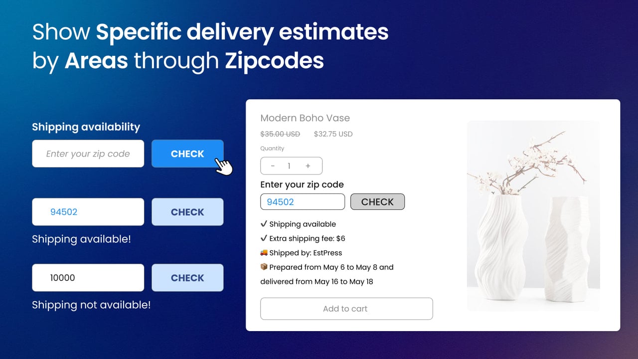 Show specific estimated delivery message by zip code