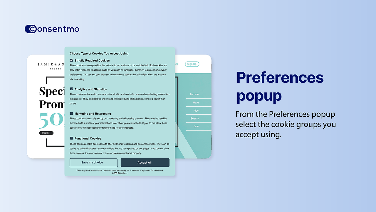 Consentmo Preferences popup detailing cookie consent options.