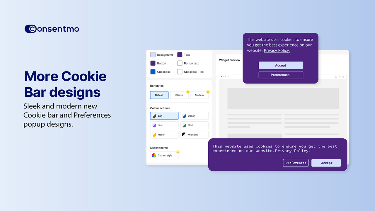 Consentmo Cookie bar designs for Shopify compliance.