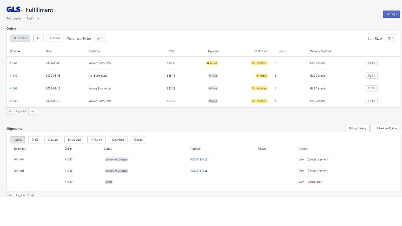 Main Screen, list of orders and list of shipments